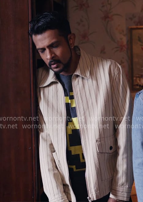 Jay’s beige striped shirt jacket on Ghosts