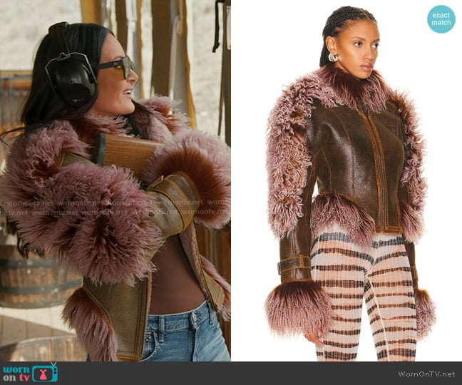 Jean Paul Gaultier x KNWLS High Neck Long Sleeve Shearling Jacket in Brown & Lila worn by Lisa Barlow on The Real Housewives of Salt Lake City