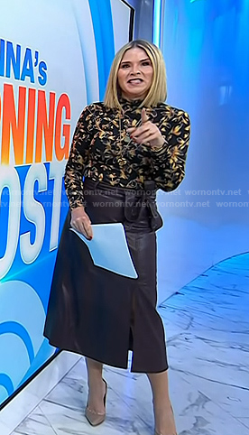 Jenna’s black floral turtleneck top and leather skirt on Today