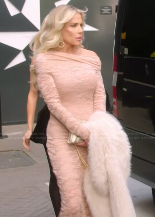 Jennifer’s pink lace off shoulder dress on The Real Housewives of Orange County