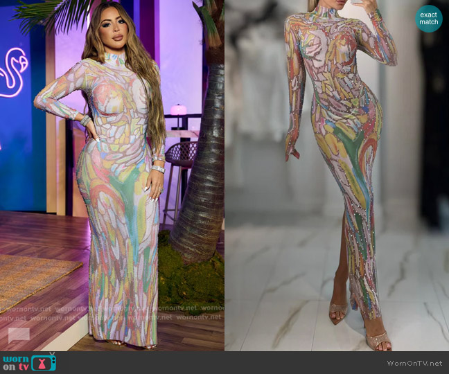 Jessica Bara Sunny 2 Patterned Stoned Long Sleeve Maxi Dress worn by Larsa Pippen (Larsa Pippen) on The Real Housewives of Miami