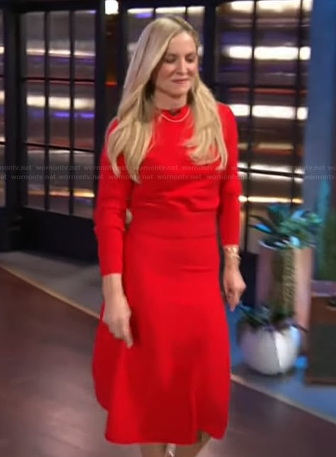 Jessica Capshaw’s red sweater and skirt on The Kelly Clarkson Show