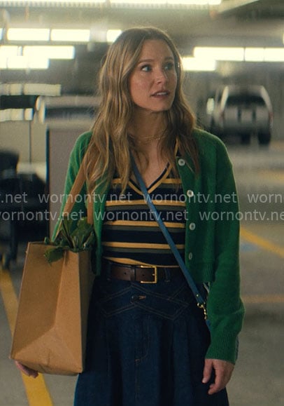Joanne’s striped top, green cardigan, and denim midi skirt on Nobody Wants This