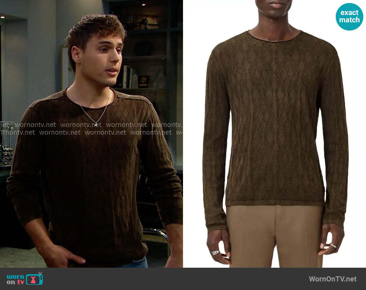 John Varvatos Brycen Broken Argyle Texture Sweater in Teakwood worn by Will Spencer (Crew Morrow) on The Bold and the Beautiful