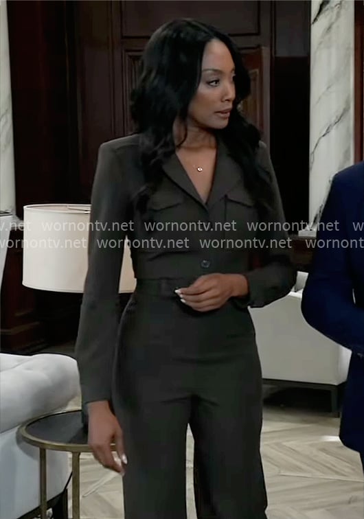 Jordan’s olive belted jumpsuit on General Hospital