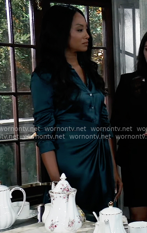 Jordan’s teal green satin shirtdress on General Hospital