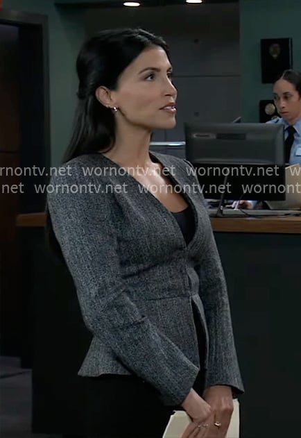 Justine’s grey peplum jacket and tote bag on General Hospital