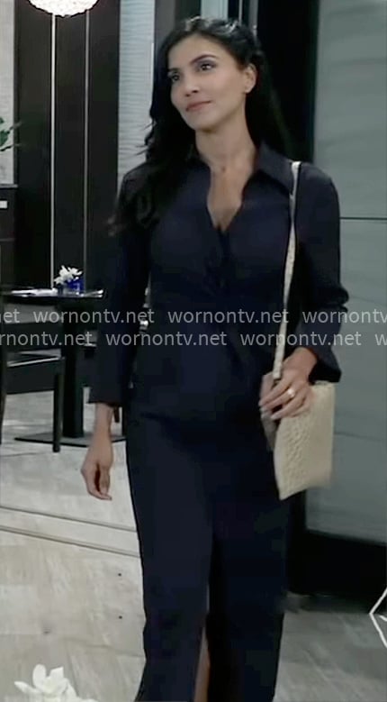 Justine’s navy twist front shirtdress on General Hospital