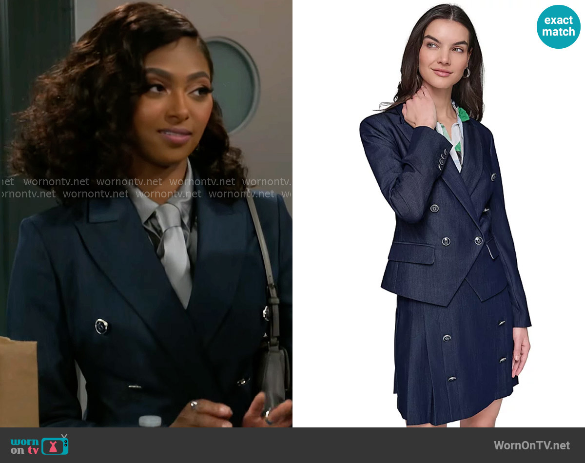 Karl Lagerfeld Paris Double-Breasted Faux-Denim Jacket worn by Kat Richardson (Colby Muhammad) on Beyond the Gates