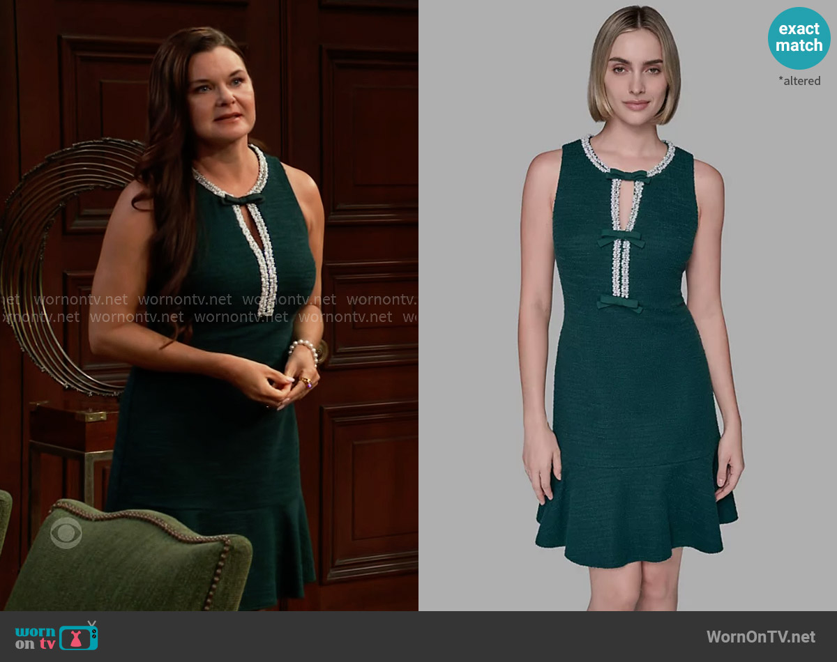 Karl Lagerfeld Paris Embellished Knit Tweed A-line Dress in Pine worn by Katie Logan (Heather Tom) on The Bold and the Beautiful