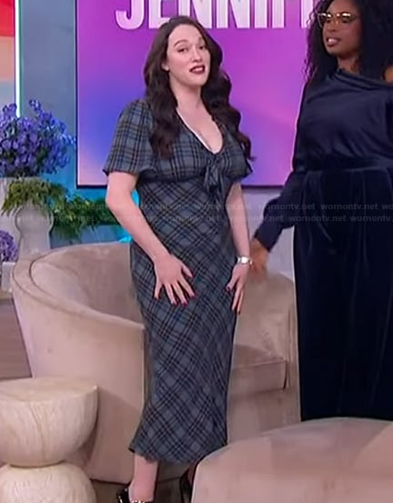 Kat Dennings’s plaid tie front dress on The Jennifer Hudson Show