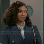 Kat’s denim blazer and pleated skirt set with silver shirt on Beyond the Gates