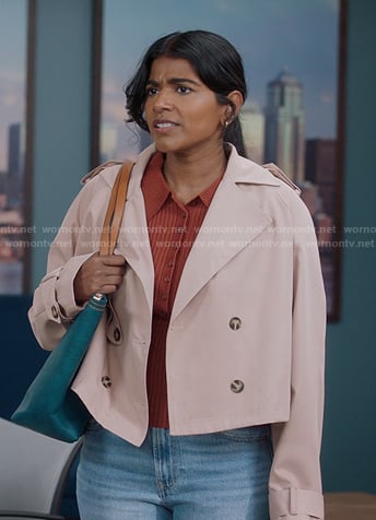 Kavita’s orange ribbed polo and pink jacket on Greys Anatomy