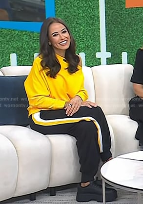 Kaylee’s yellow sweatshirt and side stripe track pants on Today
