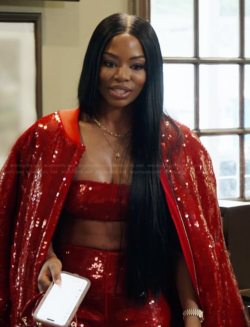 Keiarna’s red sequin bomber jacket on The Real Housewives of Potomac