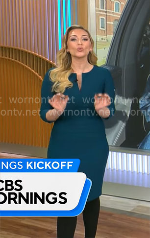 Kelly O’Grady’s teal split-neck dress on CBS Mornings