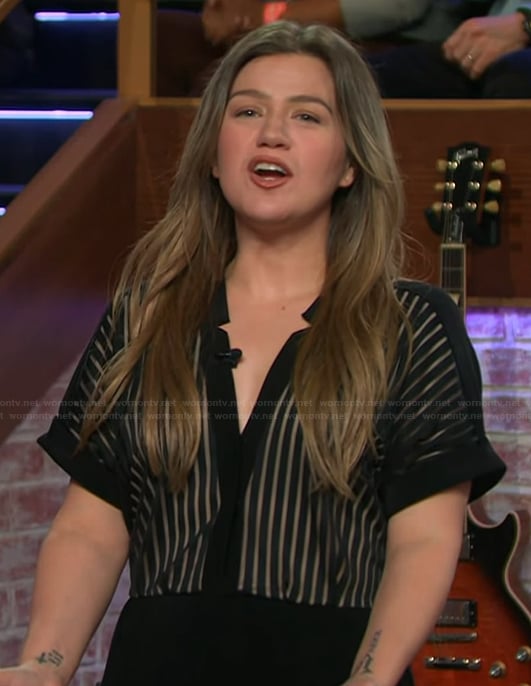 Kelly’s black shadow stripe jumpsuit on The Kelly Clarkson Show