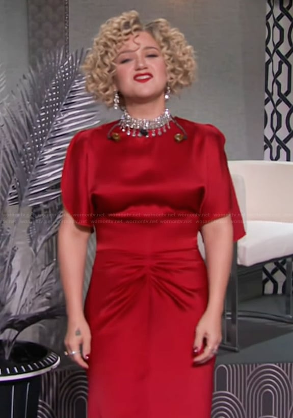 Kelly’s red gathered dress on The Kelly Clarkson Show