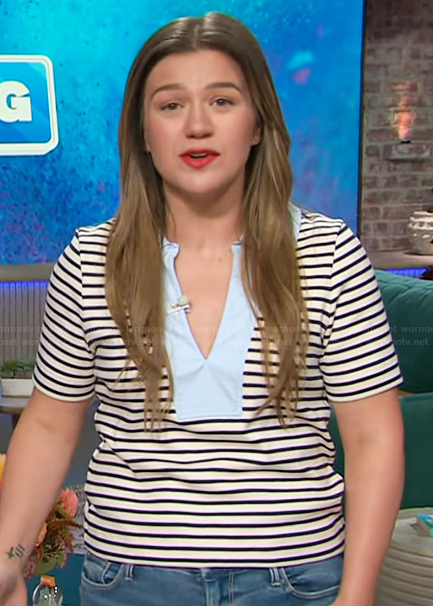 Kelly’s striped v-neck top on The Kelly Clarkson Show