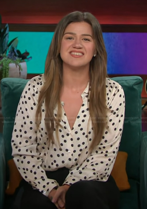 Kelly’s white polka dot print blouse on The Kelly Clarkson Show