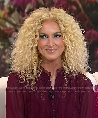 Kimberly Schlapman’s burgundy lace trim blouse and mini skirt on Today