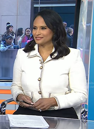 Kristen’s white contrast trim jacket on Today