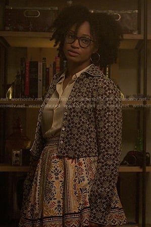 Kristin’s black floral shirt jacket on Reasonable Doubt