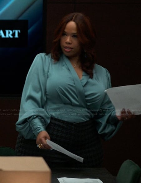 Krystal’s blue wrap dress on Reasonable Doubt