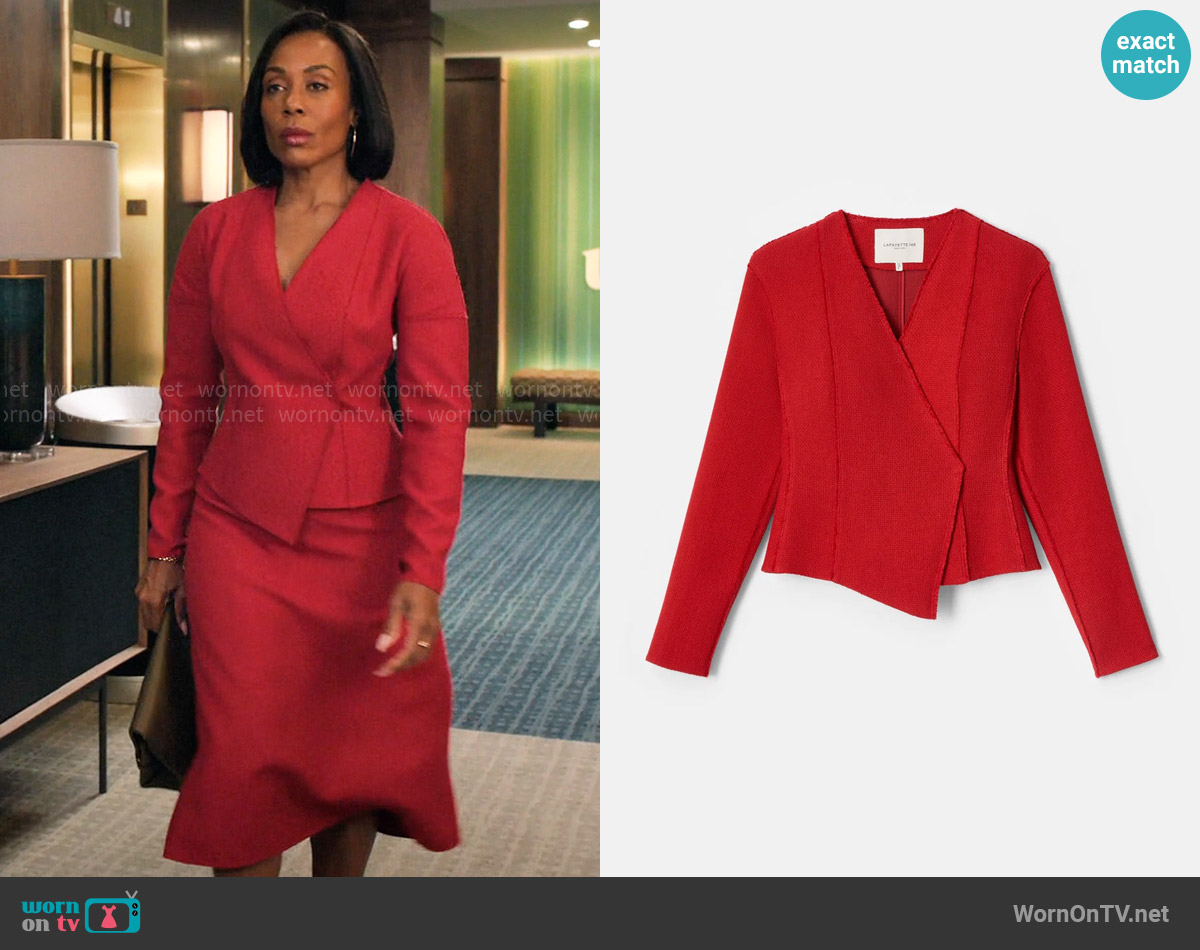 Lafayette 148 New York Organic Cotton Dobby Asymmetric Fitted Jacket in Spark worn by Mia Jordan (Karen Pittman) on The Morning Show