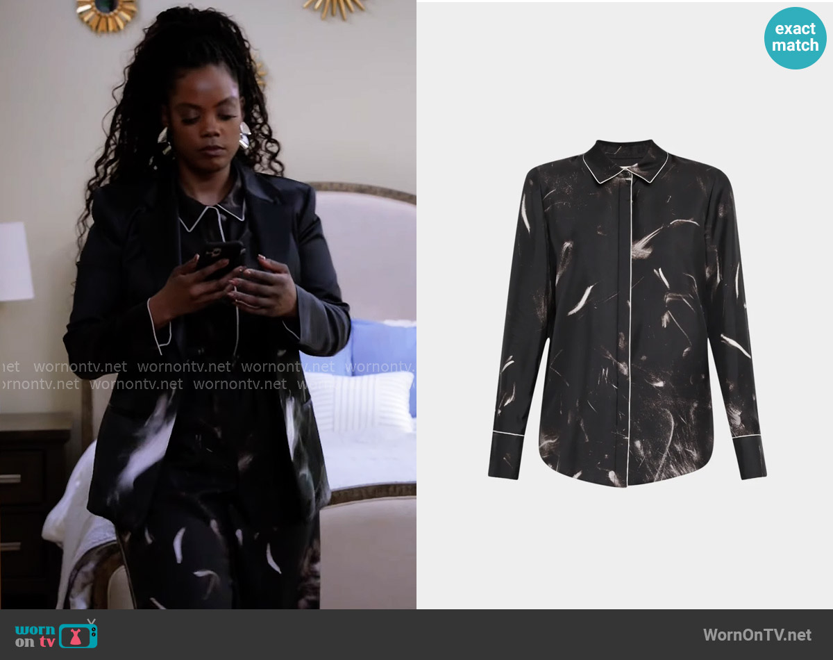 Lafayette 148 New York Scottie Piped Abstract-Print Silk Blouse worn by Sabrina Hollins (Novi Brown) on Tyler Perrys Sistas