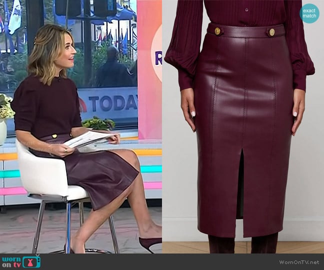 L'Agence Arlette Vegan Leather Midi Skirt in Dark Port worn by Savannah Guthrie on Today