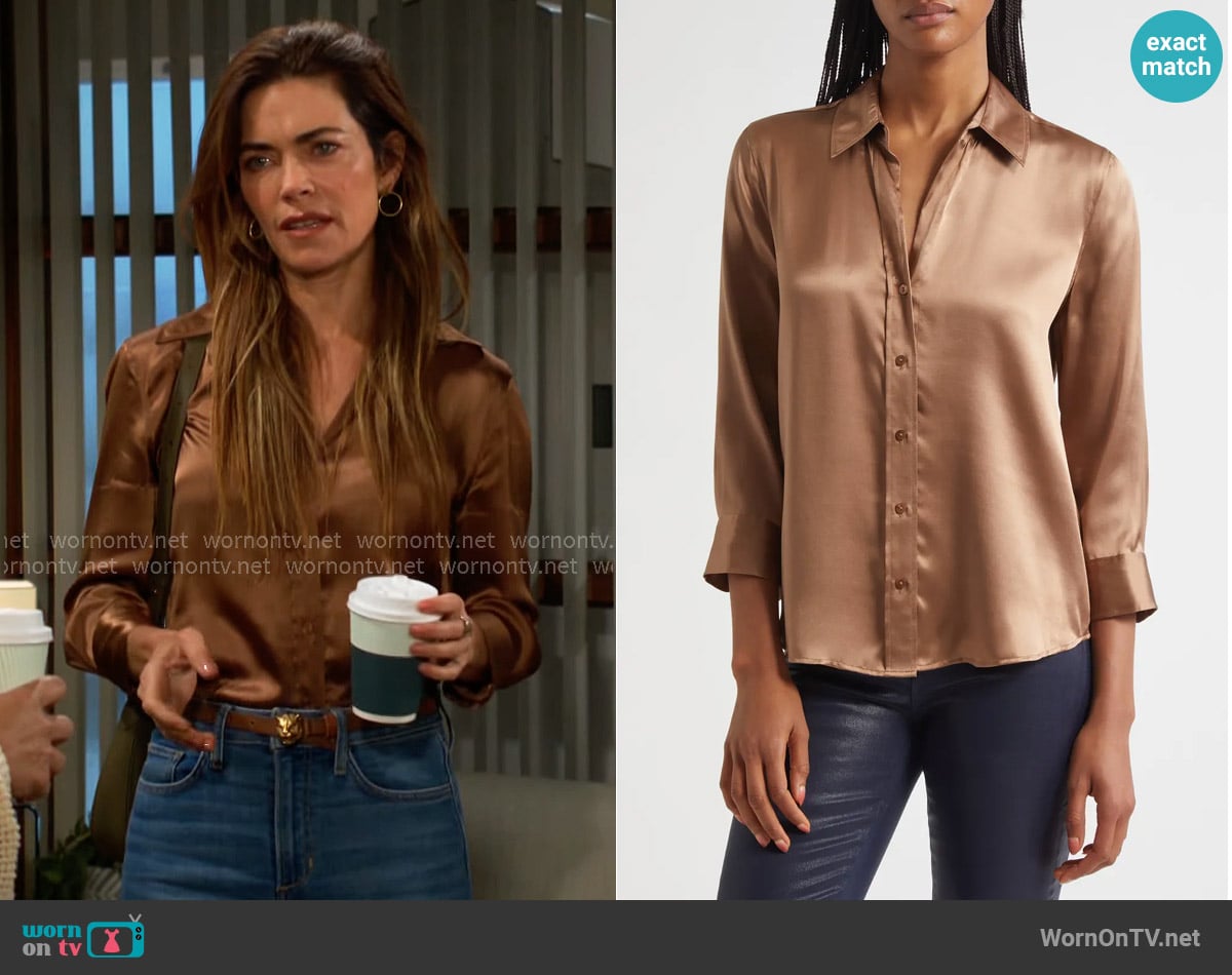 L'Agence Dani Blouse in Cinnamon Swirl worn by Victoria Newman (Amelia Heinle) on The Young and the Restless