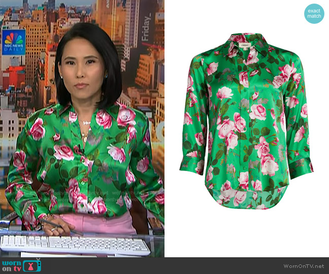 L'Agence Dani Silk Blouse in Green Multi Santa Fe Rose worn by Vicky Nguyen on NBC News Daily