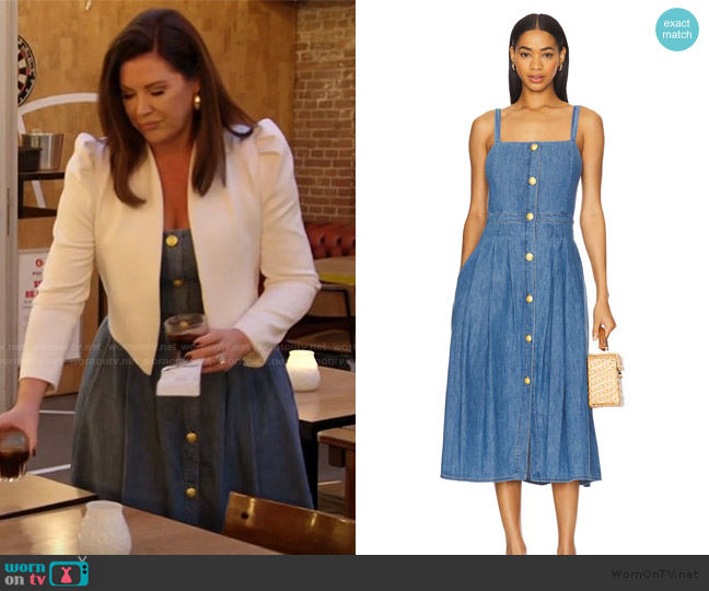 L'Agence Esmeralda Denim Pinafore Midi-Dress worn by Emily Simpson on The Real Housewives of Orange County