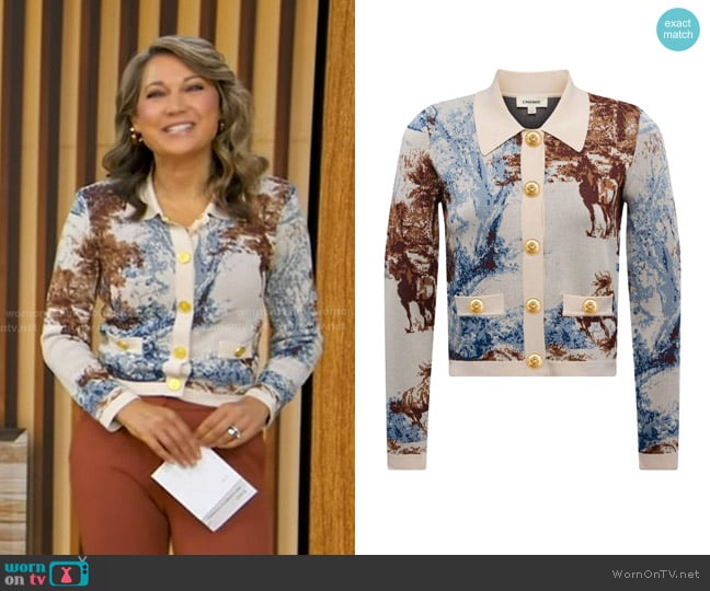 L'Agence Osiris Jacquard Collared Cardigan in Tan Mt Western Toile worn by Ginger Zee on Good Morning America