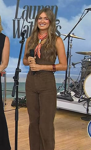 Lauren Watkins’s brown corduroy vest and pants on Today