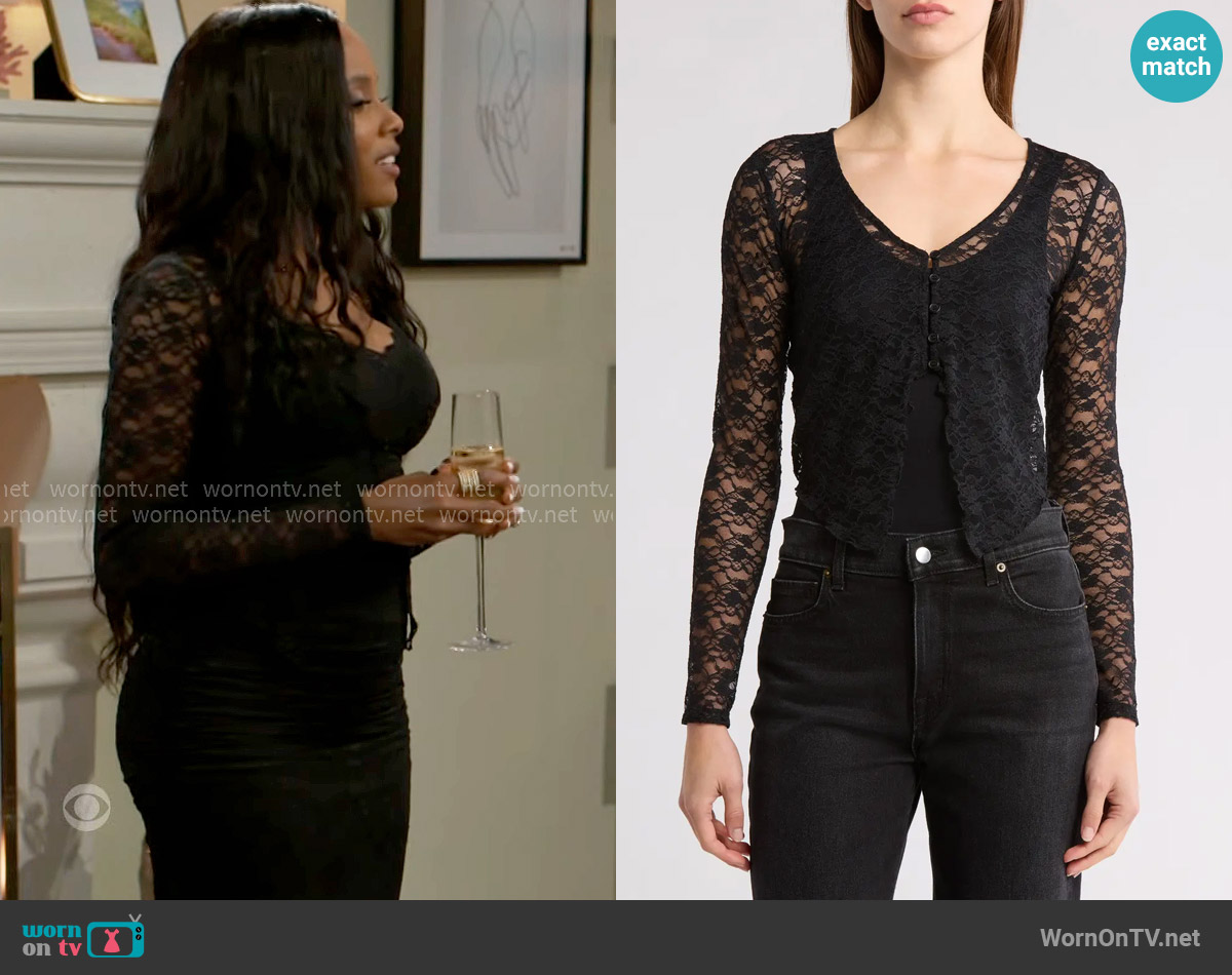 Leith Lace Cardigan worn by Hayley Lawson (Marquita Goings) on Beyond the Gates