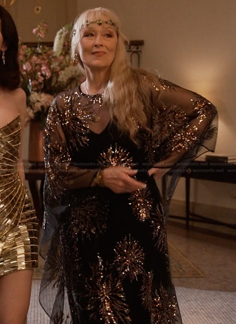 Loretta’s black sheer embellished dress on Only Murders in the Building