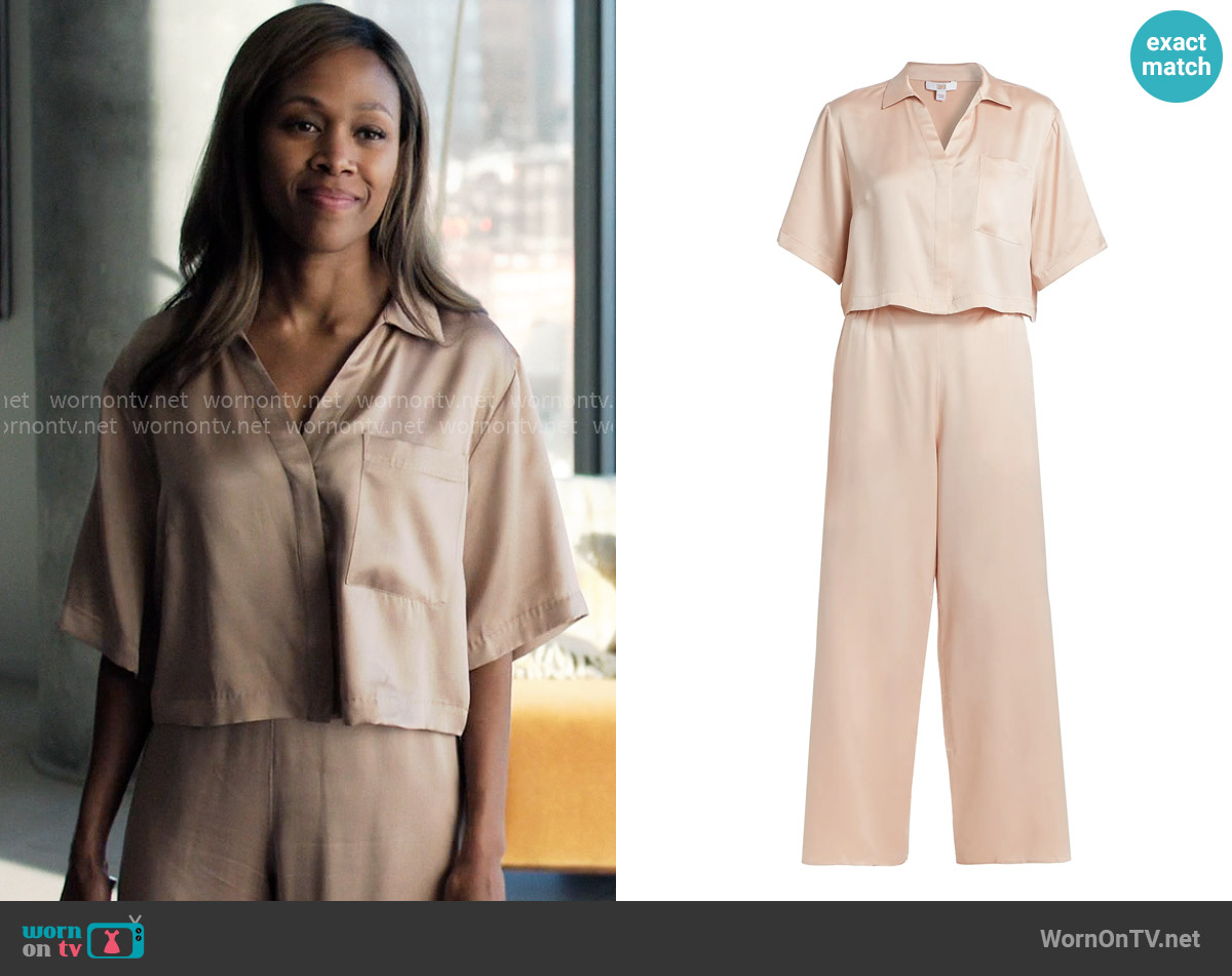 Lunya Washable Silk High-Rise Pants 2-Piece Pajama Set in Delicate Pink worn by Christina Hunter (Nicole Beharie) on The Morning Show