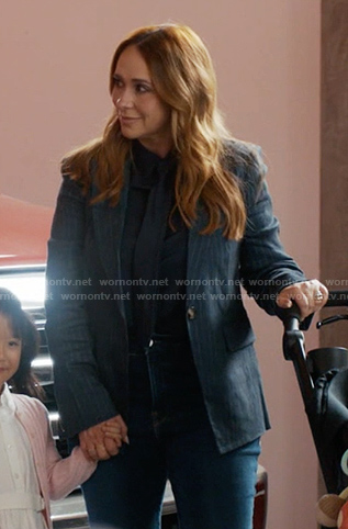 Maddie’s navy pinstripe blazer on 9-1-1
