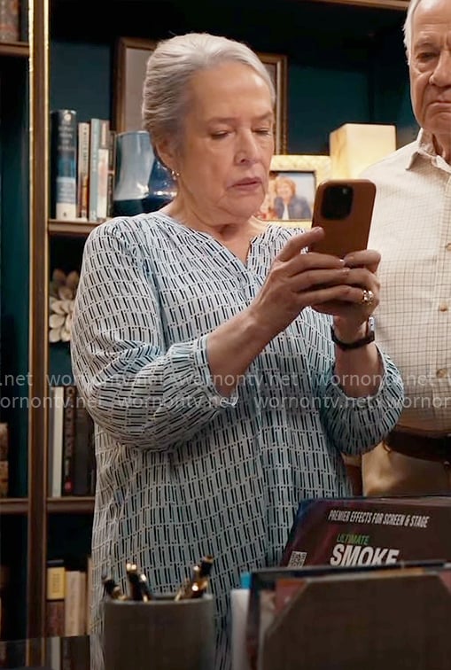 Madeline’s blue and white printed top on Matlock