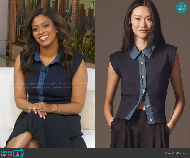 Maeve Collared Denim Muscle Sweater Vest worn by Morgan Norwood on Good Morning America