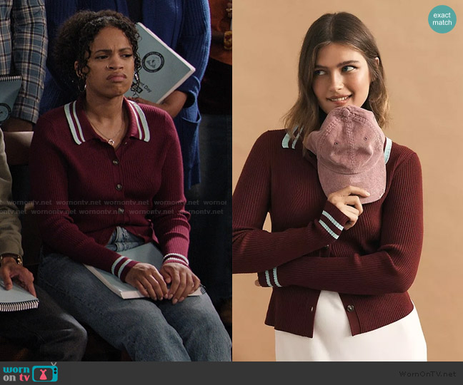 Maeve Plunging Polo Cardigan worn by Tasha Hoffman (Taylor Garron) on Abbott Elementary