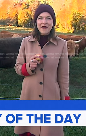 Maggie’s red dress and beige coat on Good Morning America