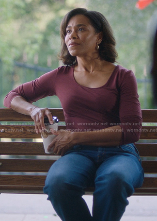Maggie’s red scoop neck top and earrings on Greys Anatomy