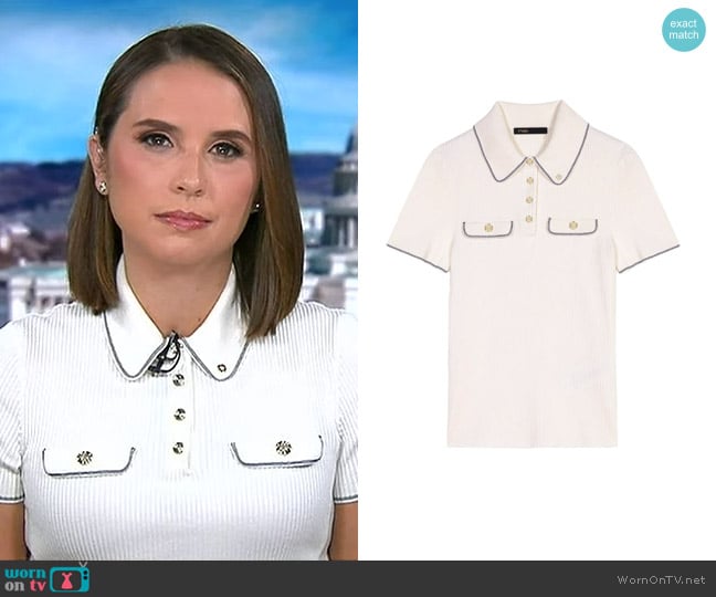 Maje Short Sleeve Polo Shirt in Ecru worn by Elizabeth Schulze on Good Morning America