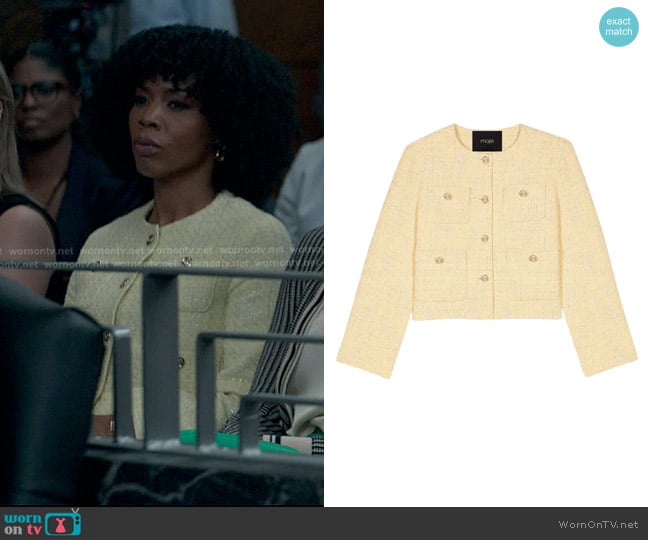 Maje Short Tweed and Lurex Jacket in Yellow worn by Monica Wilson (Brandee Evans) on Reasonable Doubt