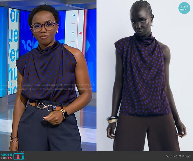 Mango Polka-dot Blouse with Draped Collar in Brown worn by Zinhle Essamuah on NBC News Daily
