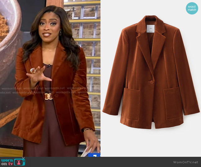 Mango Velvet Jacket with Pockets in Burnt Orange worn by Morgan Norwood on Good Morning America