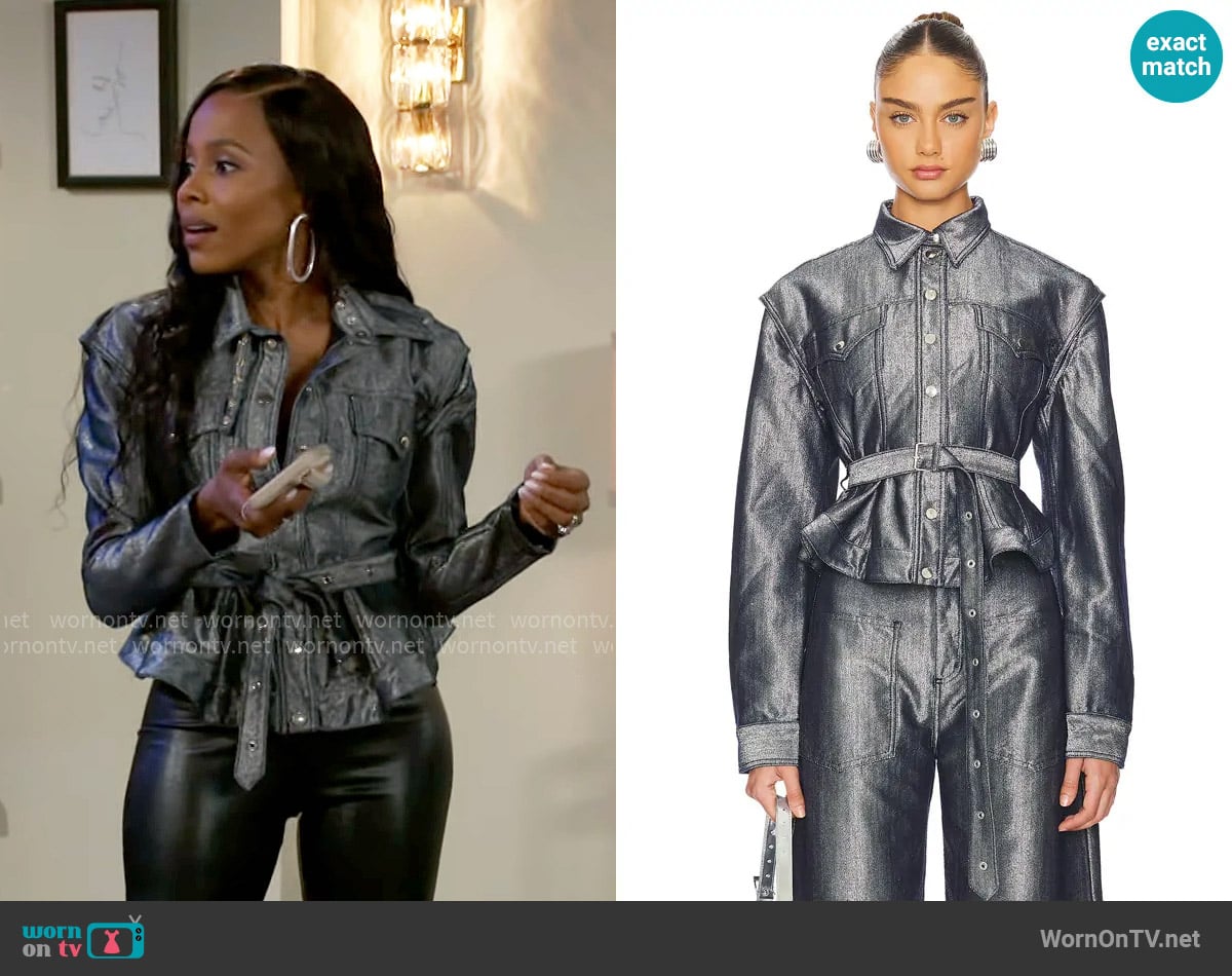 Marques' Almeida Silver Denim Cinched Jacket With Belt worn by Hayley Lawson (Marquita Goings) on Beyond the Gates